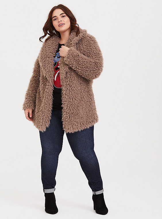 Plus Size - Brown Drapey Sherpa Jacket - Torr