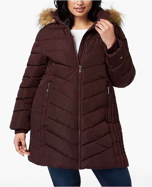 Tommy Hilfiger Plus Size Faux-Fur-Trim Hooded Puffer Coat .