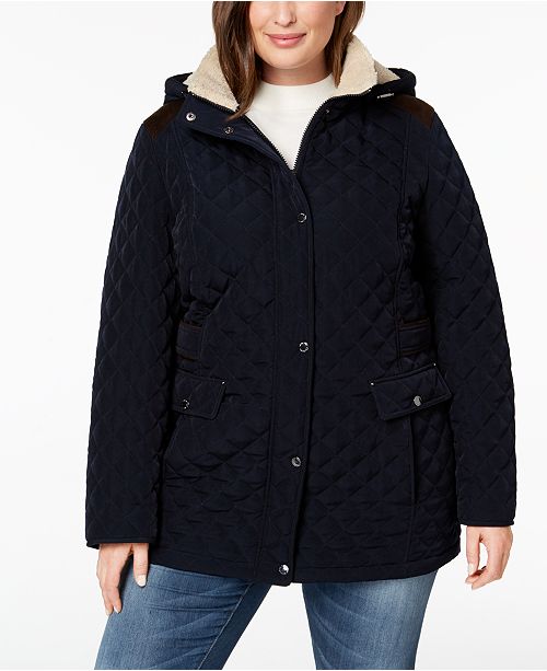 Plus Size Faux-Suede-Trim Sherpa-Lined Hooded Quilted Jack