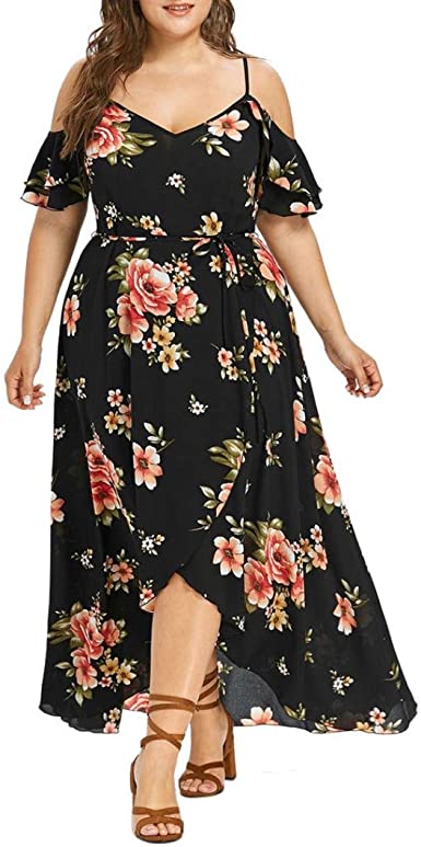 Women Summer Plus Size Boho Floral Dress Casual Short Sleeve Cold .