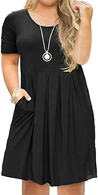 Tralilbee Women's Plus Size Short Sleeve Dress Casual Pleated .