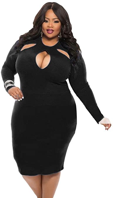 Goddessvan Plus Size Dress, Womens Sexy Long Sleeve Hollow Club .