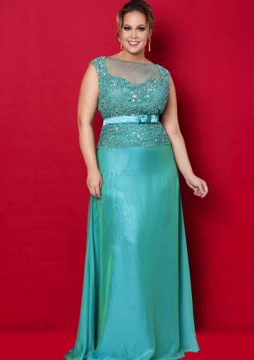 Turquoise Beaded Bodice Chiffon Floor Length Plus Size Evening .