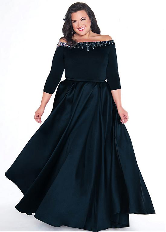 Chic Satin Off-the-shoulder Neckline Plus Size 3/4 Length Sleeves .