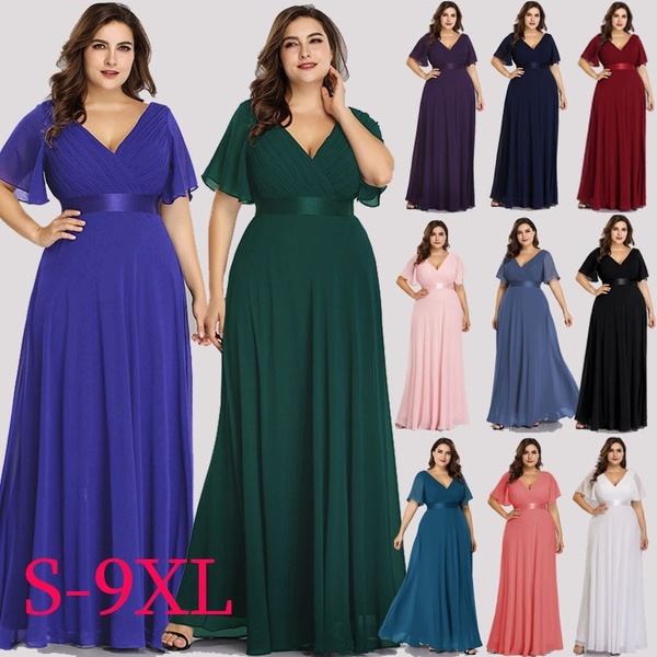 Plus Size Evening Gown Women Glamorous Double V-Neck Ruffles Long .