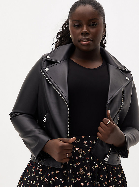 Plus Size - Black Faux Leather Moto Jacket - Torr