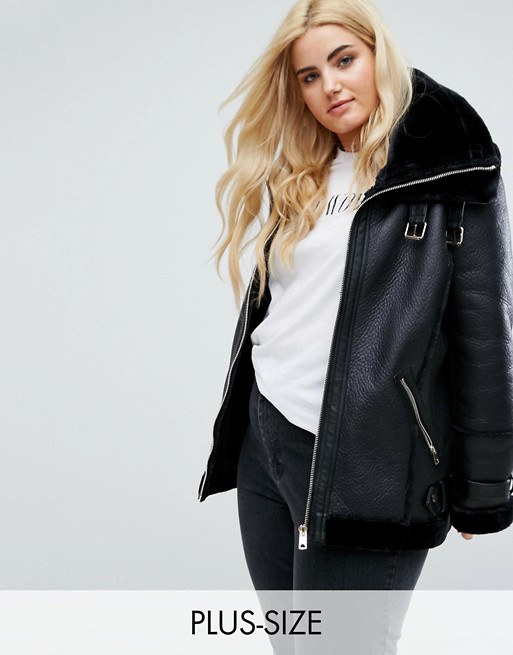 River Island Plus Faux Shearling Aviator Jacket | AS