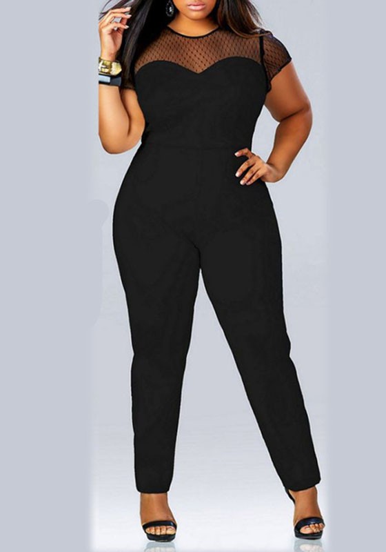 Black Patchwork Lace Short Sleeve Plus Size Casual Long Jumpsuit .