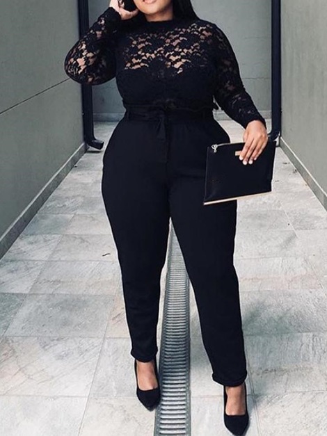 Plain Lace Full Length High Waist Slim Women's Plus Size Jumpsuit .