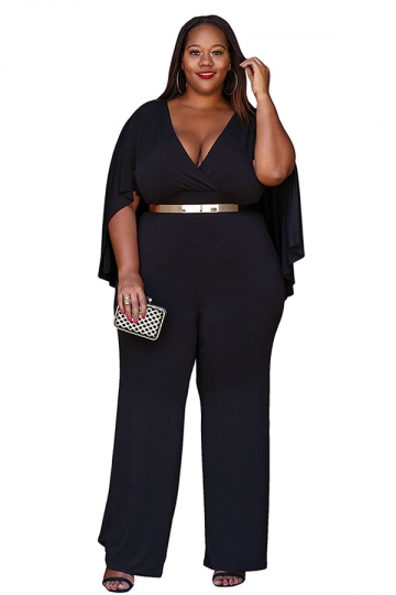 Womens Sexy Plus Size Deep V-Neck High Waist Jumpsuit Black - PINK .