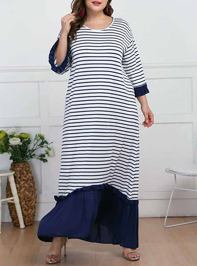 Women's Plus Size Maxi Dress - Long Sleeves / Black Borders / Navy .
