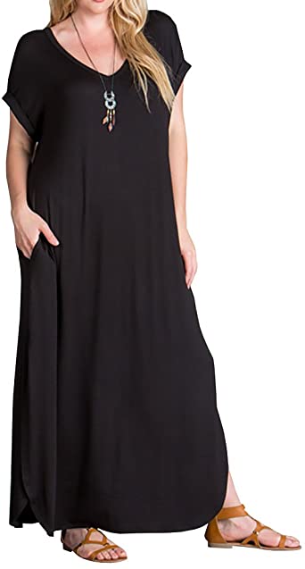 Women's Plus Size Maxi Dresses Short Sleeve Casual Summer Split T .