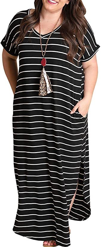 Yskkt Womens Plus Size Maxi Dresses Striped V Neck Short Sleeve T .