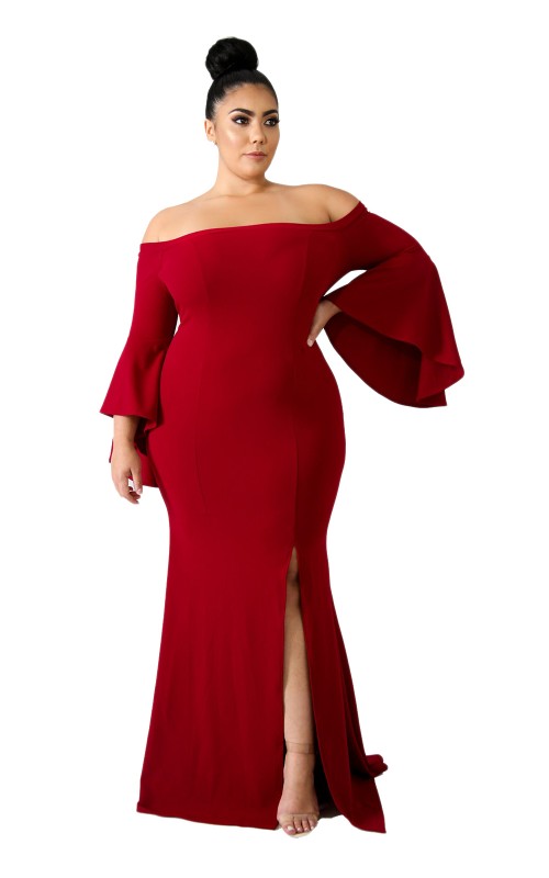 Red Solid Chic Off Slit Slash Neck Shoulder Full Sleeve Mermaid .