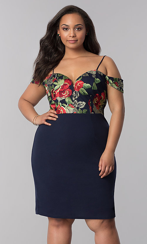 Off-Shoulder Plus-Size Navy Blue Party Dress -PromGi