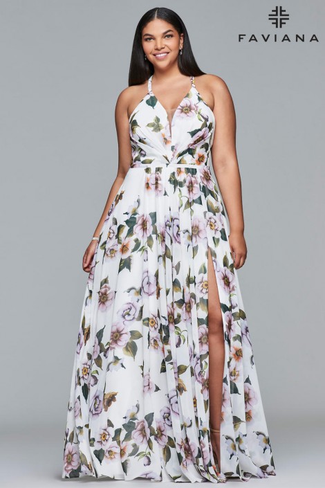 Faviana Curve 9431 Plus Size Floral Print Prom Dress: French Novel