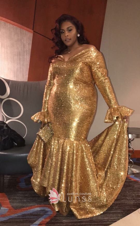 Gold Long Sleeve Off-shoulder Plus Size Prom Dress - Lun