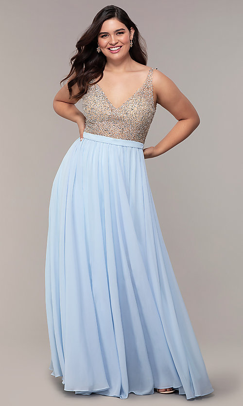 V-Neck Beaded-Bodice Plus-Size Prom Dress - PromGi