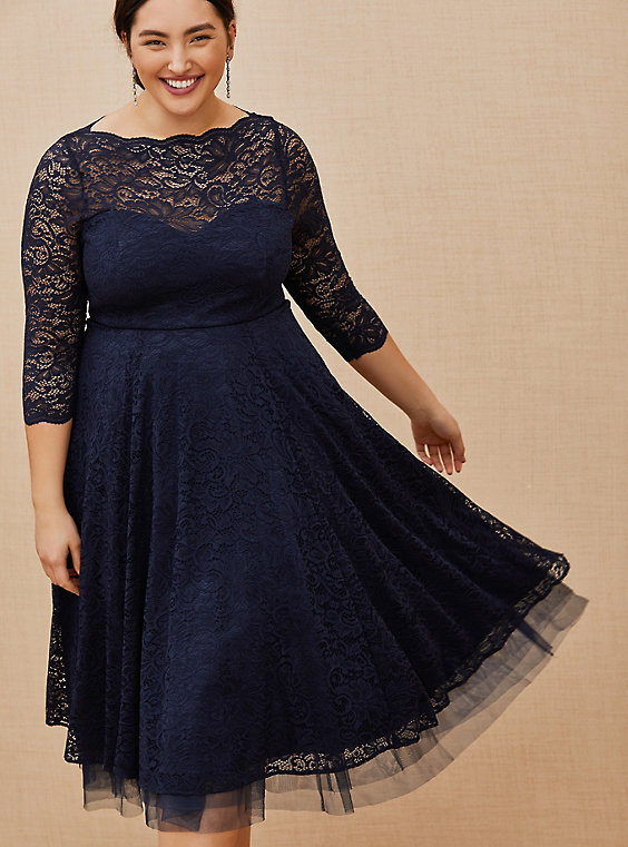 Plus Size - Special Occasion Navy Lace Midi Dress - Torr