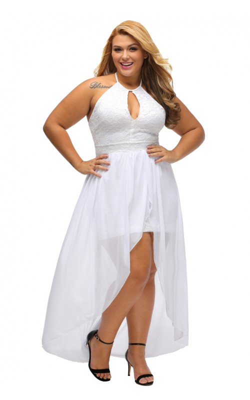 White Solid Special Ruched Halterneck Sleeveless Lace Plus Size .