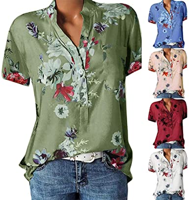 Braceus Shirts Plus Size Summer Women Flower Print Patch Pocket .