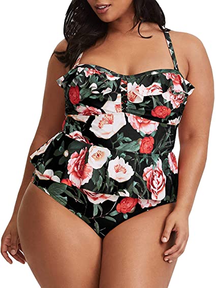 Amazon.com: Misassy Womens Plus Size Swimwear Floral Print Ruffle .