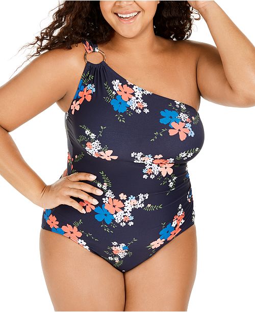 Michael Kors Plus Size Printed One-Shoulder Underwire One-Piece .