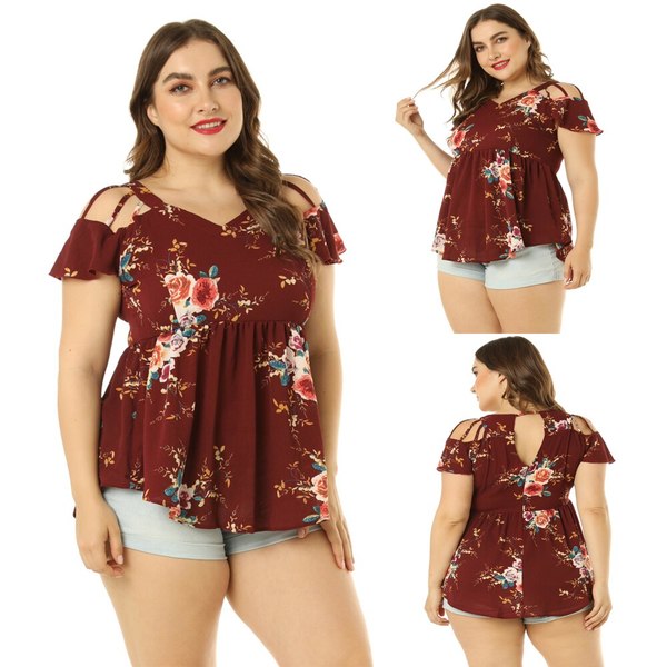 Plus Size Tops Summer Red Floral Print T Shirt Women Clothes Sexy .