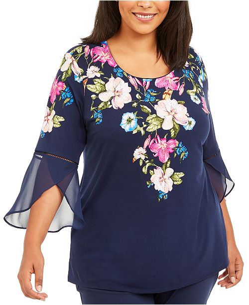 JM Collection Plus Size Printed Bell-Sleeve Tunic, Created for .