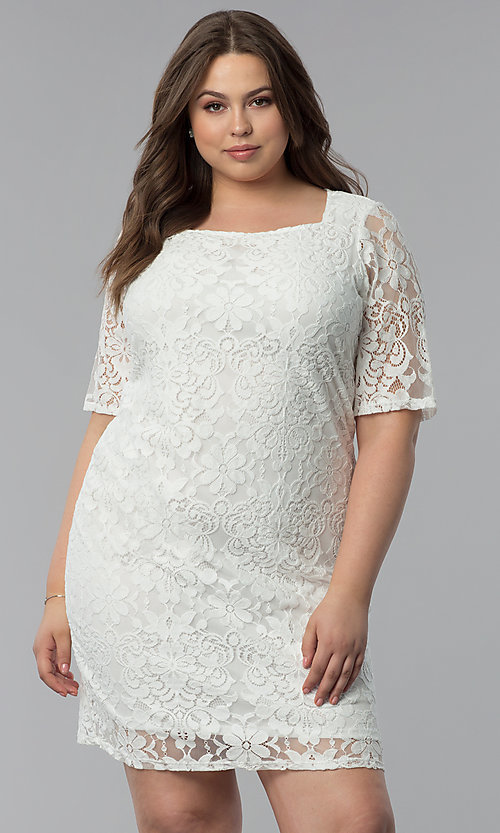 Plus-Size White Lace Graduation Dress with Sleev