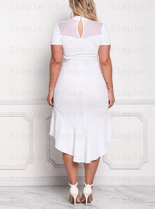 High Low Red Round Neck Plus Size Bodycon White Dress - Plus Size .