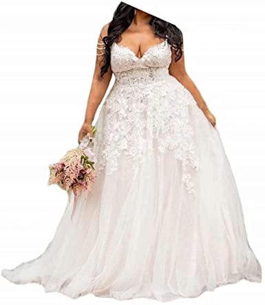 Women's White Lace Applique Wedding Dresses Plus Size V-Neck Beach .