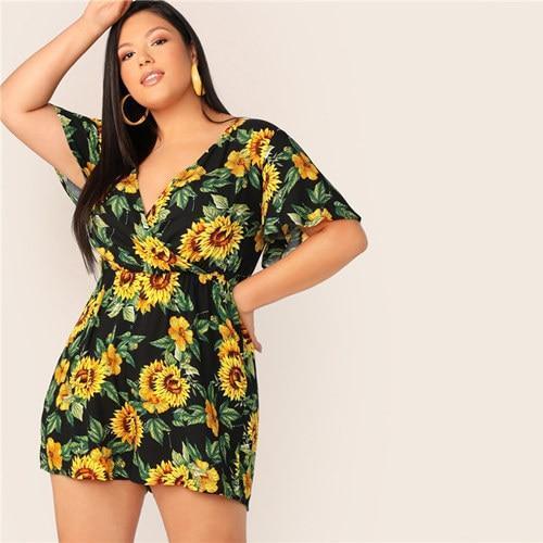 Women's Sunflower Print Fashion Designer V Neck Rompers Shorts .