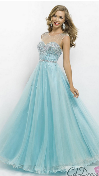 LIGHT BLUE, POOFY, SPARKLY AND HAS STRAPS ....... MY TOTAL DREAM .