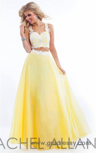 Long Yellow Two piece Lace Prom Dresses By Rachel Allan 6832 .
