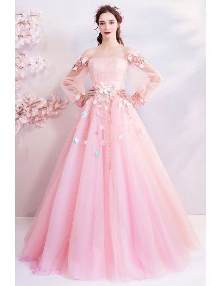 Fairy Pink Butterfly Off Shoulder Poofy Prom Dress With Long .