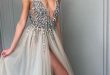 Pretty Deep V-Neck Long Beading Tulle A-Line Gray Prom Dresses .