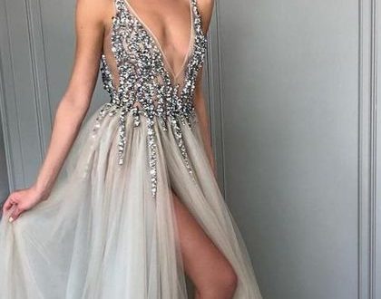 Pretty Deep V-Neck Long Beading Tulle A-Line Gray Prom Dresses .