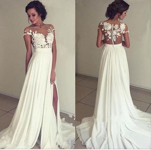 Pretty white A-lin chiffon lace long prom dress,evening gown .