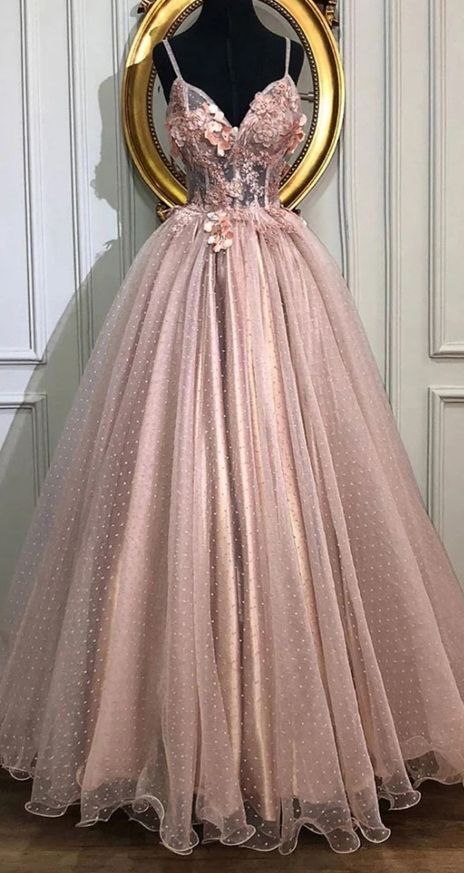 Tulle Long Prom Dresses, Pearl Pink Appliques Formal Evening Dress .