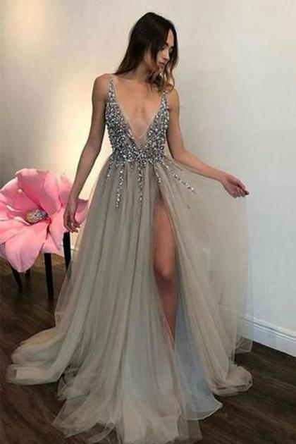 Pretty Deep V-Neck Long Beading Tulle A-Line Gray Prom Dresses US .