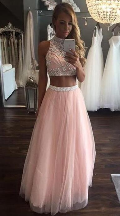 Two Pieces Prom Gowns,Sexy Prom Dress,Pretty Prom Dress,Pink Prom .