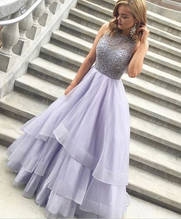 Sparkly Long Lavender Beaded Prom Dresses For Teens,Handmade .