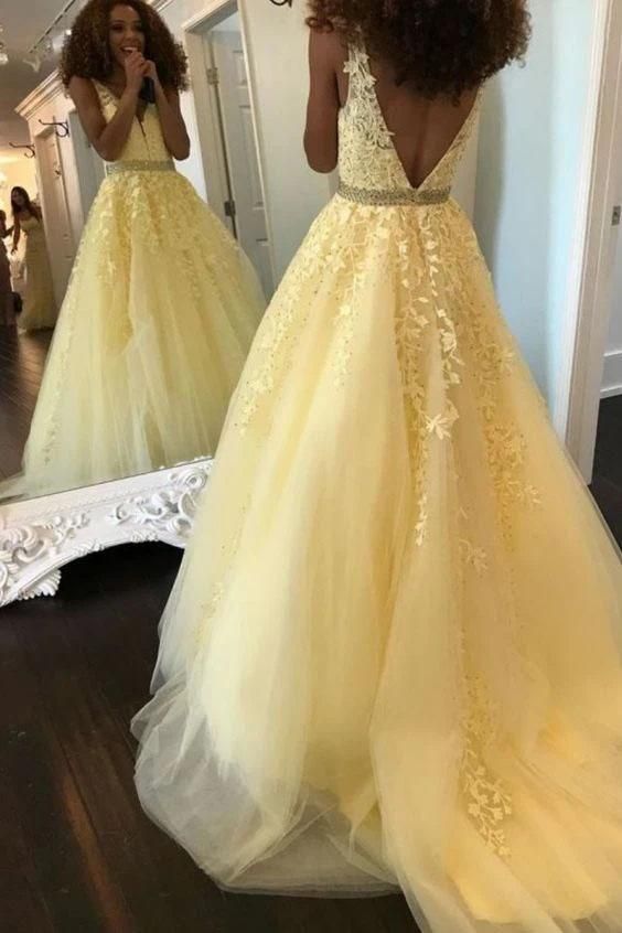 Fashion Ball Gown V Neck Prom Dresses with Appliques and Beads .