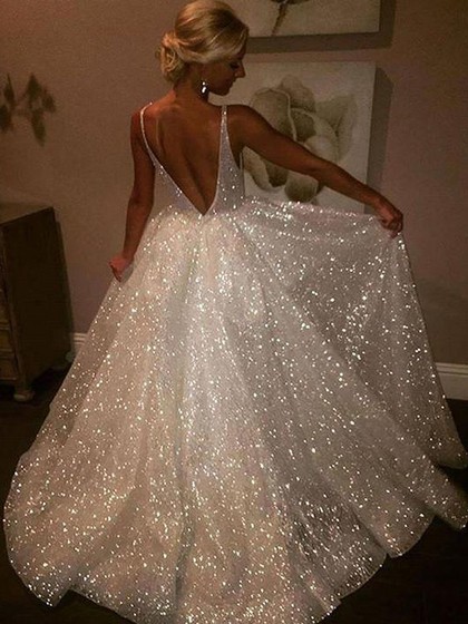 Princess V-neck Glitter Floor-length Prom Dresses - millybridal.o