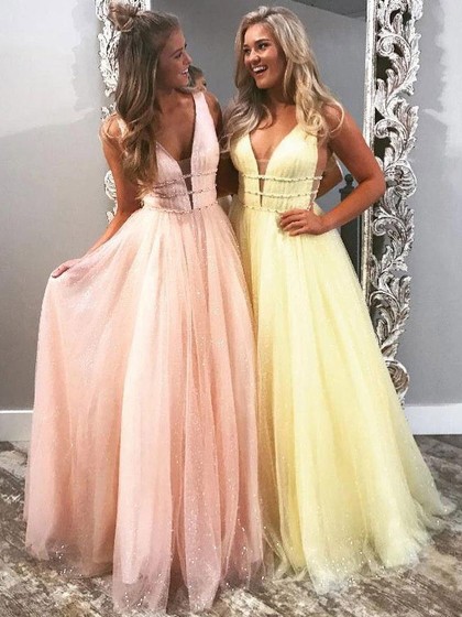 Princess V-neck Glitter Floor-length Beading Prom Dresses .