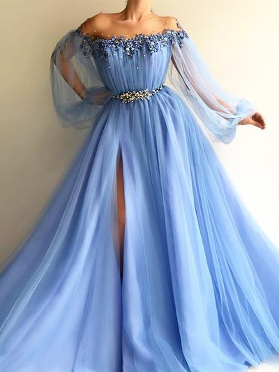 Tulle Long Sleeves A-Line/Princess Prom Dresses Scoop Neck Beading .