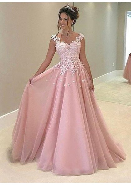 2020 Glamorous Pink Appliques V-Neck A-Line/Princess Tulle Prom .