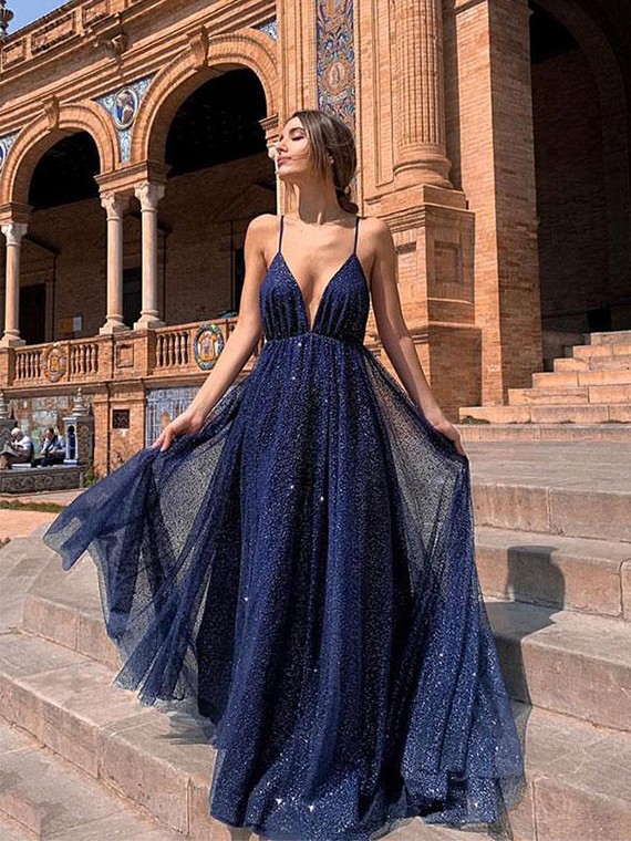 Buy Sexy A Line Spaghetti Straps Navy Blue Prom Dresses 2019 with .