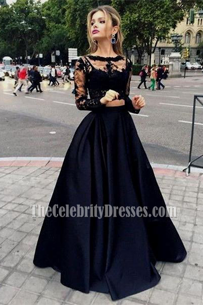 Black Two Pieces Evening Gowns Long Sleeves Satin Prom Dress .